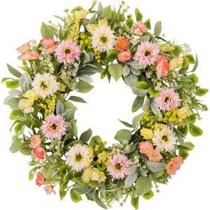 20 Inch Spring Wreaths for Front Door, Artificial Pink Gerbera Daisy & Yellow Rose Floral Wreath with Lamb's Ear Leaves & Greenery, Farmhouse Summer Wreath for Wall Window Porch Home Decor