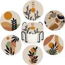 Drink Coasters Set of 6 with Holder, Abstract Boho Sun Leaves Absorbent Ceramic Coasters with Cork Base, Fit All Cups, Great Gift for House warming, Room Decor, Bar, Holiday Party