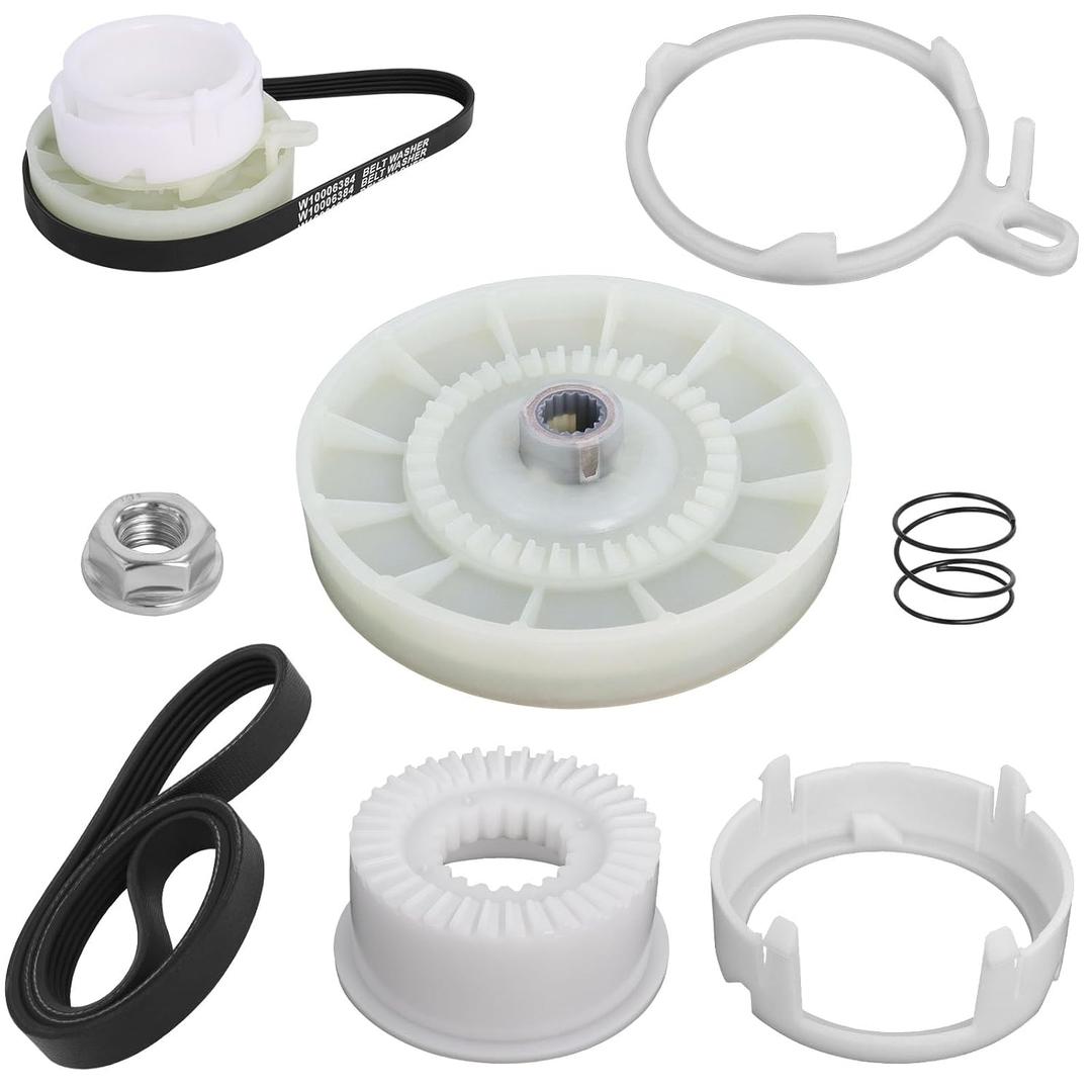 W10721967 Washer Pulley Clutch Kit with W10006384 Washer Drive Belt Compatible with Whirlpool Replace W10006356, W10315818, PS10057144, W10006352, W10006353, W10006354, W10326374, W10536113
