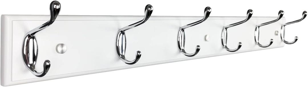 Wall Mounted Coat Rack 22.8(58cm) with 6 Silver Hooks, White Wall Coat Rack, Wood Wall Hook Coat Rack for Entrance, Hallway, Bedroom, Kids Room, Lang White Wall Clothes Hanger