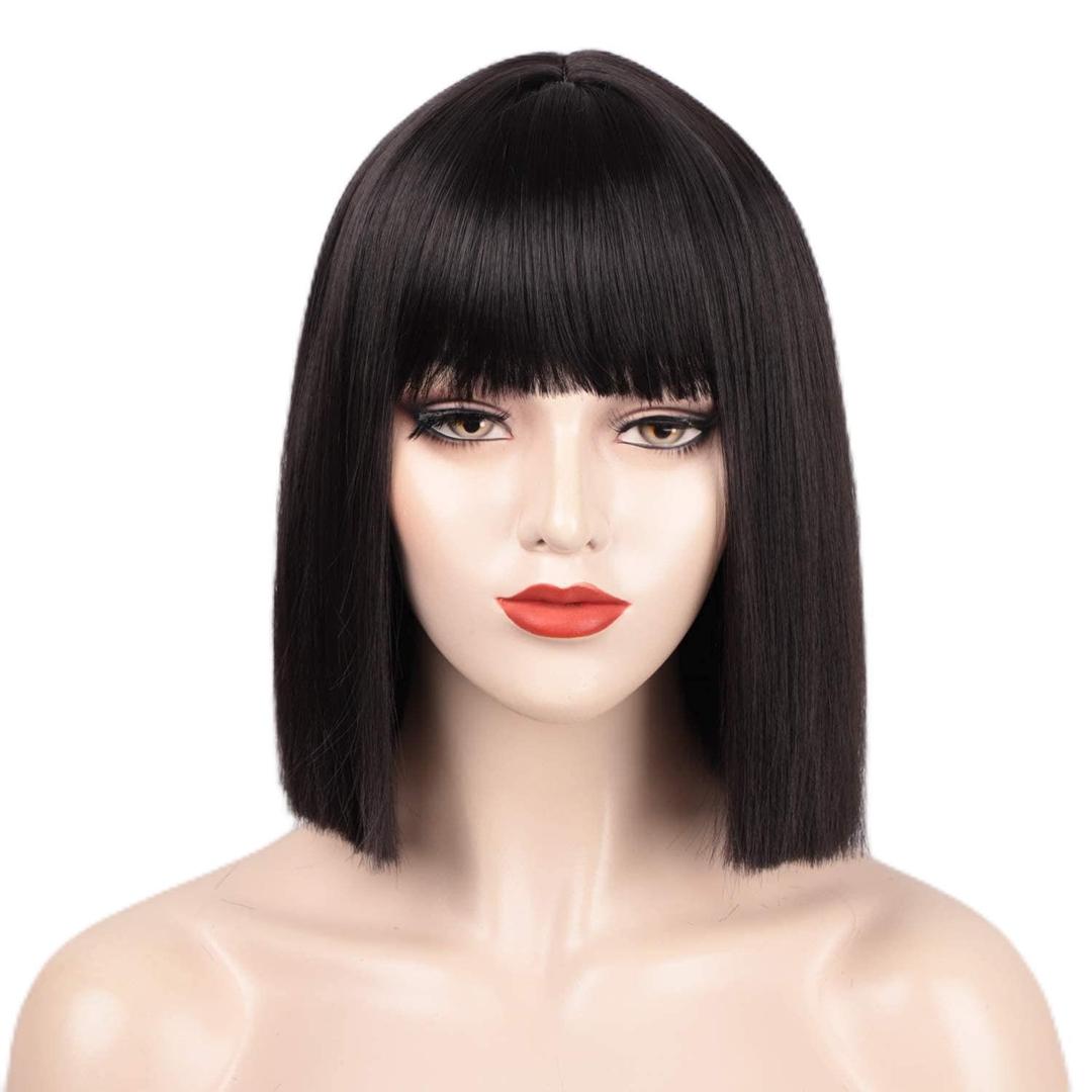 ENTRANCED STYLES Black Bob Wig with Bangs, Short Black Wig for Women Straight Bob Wigs Heat Resistant Synthetic wig Mia Wallace Cleopatra Cospaly Daily Party Use 12 (12.5 Inch, NaturalBlack)