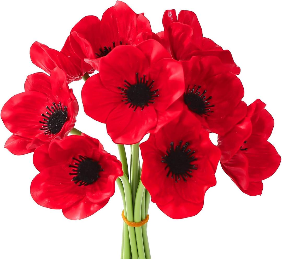 10PCS Red Artificial Poppy Flowers Fake PU Floral Stems Real Touch Silk Like Wedding Memorial Day Decor Bouquet Centerpieces Home Arrangements