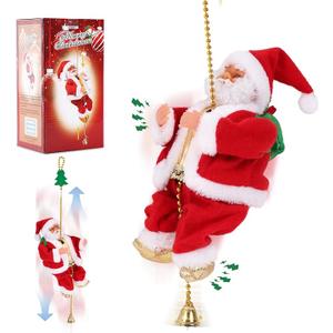 Electric Climbing Rope Santa Claus with Bead Chain Battery Operated Santa Figurines Climbs Up and Down Hanging Christmas Ornament for Christmas Tree, Party, Wall Decor