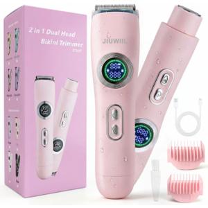 Bikini Trimmer for Women, JIUWIIL 2 in 1 Electric Razors for Women, IPX7 Waterproof Dual Head Electric Shaver,Wet & Dry Use Body Hair Trimmer, Facial Hair Remover for Bikini Underarm Leg Arm (Pink)