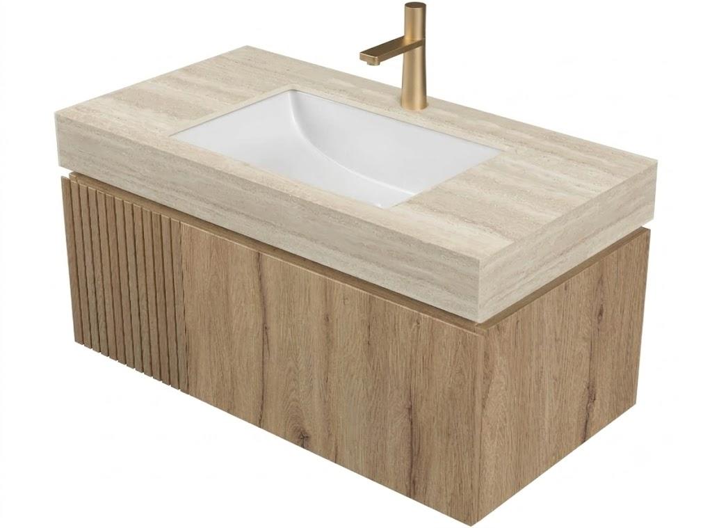 36" Bathroom Vanity with Sink, Wall-Mounted Plywood Bathroom Storage Cabinet with Ceramic Basin & Sintered Stone Countertop, Modern Pre-Assembled Floating Vanity with Drawer & Door, Oak