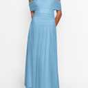 MASCOMODA Women Off The Shoulder Mesh Maxi Dress Bodycon Ruched Formal Sleeveless Pleated Cocktail Wedding Guest Long Dresses (Blue, L)
