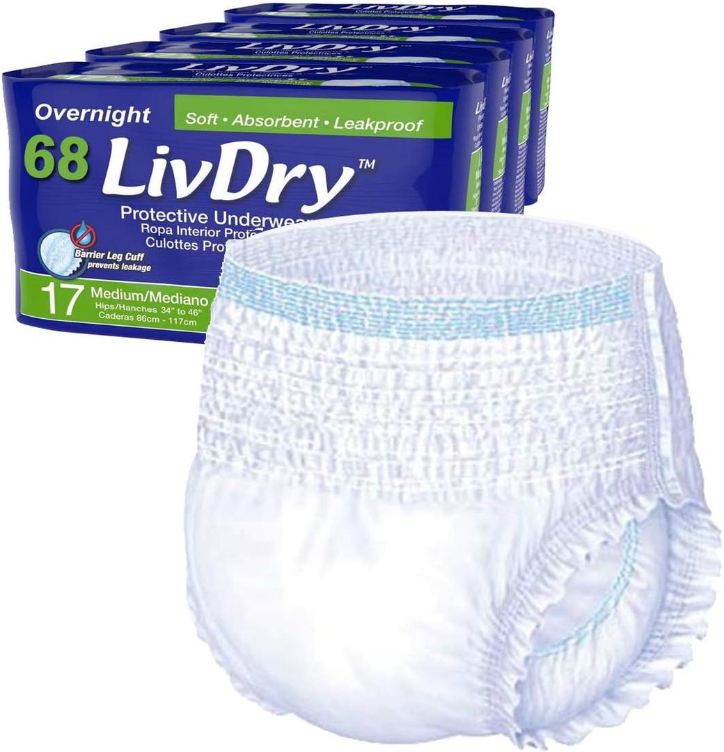 LivDry M Overnight Adult Diapers for Women and Men, Incontinence Underwear, Medium, 68-Pack,  34"-46"
