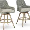 Signature Design by Ashley Seton Creek Casual Nuvella Weather Resistant Fabric, Resin Wicker Swivel Outdoor Bar Height Bar Stool with Cushion, Footrest and Armrest, Set of 2, Beige & Light Gray