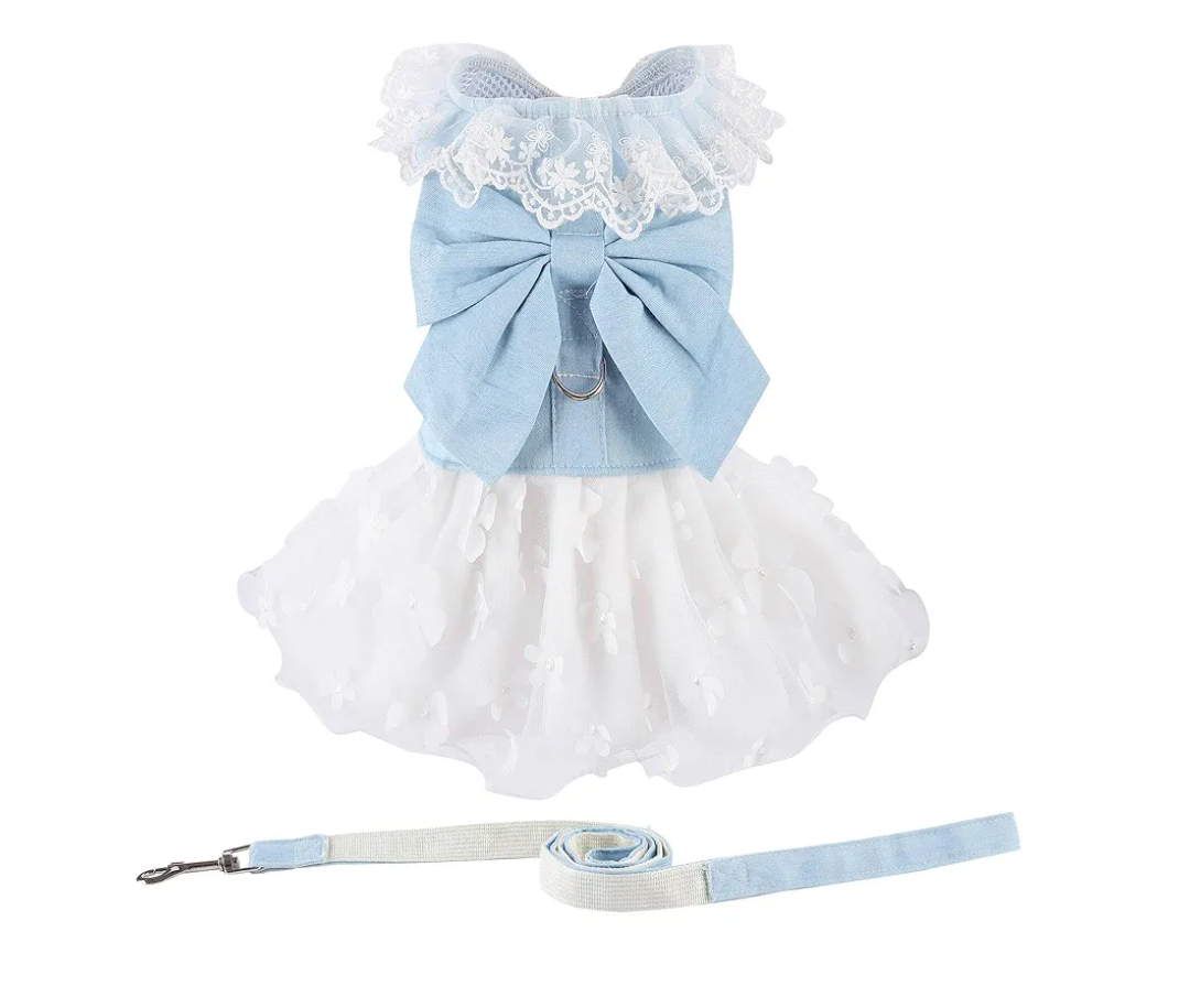 Dog Denim Dress with Leash Ring, Puppy Bowknot Lace Mesh Princess Skirt for Small Pet Fashion Clothes(Light Blue,X-Large)