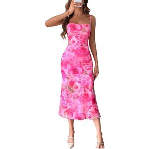 GORGLITTER Women's Floral Backless Bodycon Midi Dress Mesh Sleeveless Fishtail Cami Dresses Pink Large, Pink