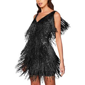 Sequin Cocktail Dresses Flapper Dresses 1920s Gatsby with All-Over Fringe Mini Dresses Prom Party Dress (Black, M)