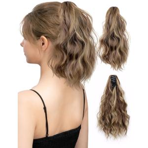 Ponytail Extension Short Ponytail Claw Clip Natural Fluffy Curly Drawstring Ponytail Hairpiece Messy Bun Hair Piece for Women and Girls Brown Blonde