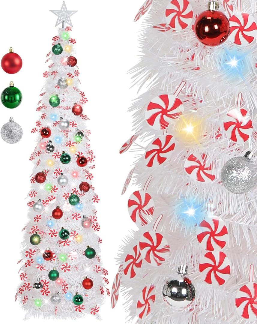 HMASYO 5 FT Pop Up Christmas Tree with Timer Lights and Decorations, White Tinsel Christmas Tree with Candy and 24 Balls Ornament, Collapsible Pencil Tree Xmas Decoration for Home, Office, Party