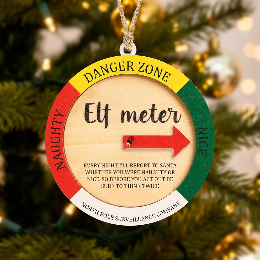 4 x Elf Meter Funny, Unique Ornament with Naughty or Nice Arrow, Holiday Decor, Funny Gifts for Friends Coworker Family, Elf Meter Decoration for Tree, Christmas Ornaments Decoration
