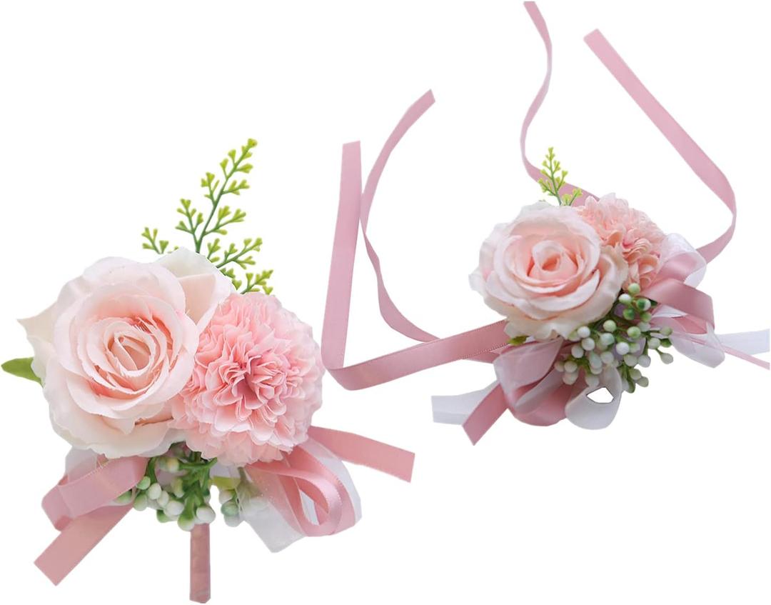 Rikyo 2 Pack Flower Wrist Corsage Boutonniere Set,3" Artificial Rose Carnation Wrist Corsage and Men Boutonniere Set,DIY Silk Flower for Wedding Flowers Accessories Prom Suit Decor (Pink)