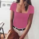 Chunpin Women's Sexy Square Neck Short Sleeve Bodysuit Tops Double Lined Slim Fitted Thong Body suit (Pink, L)