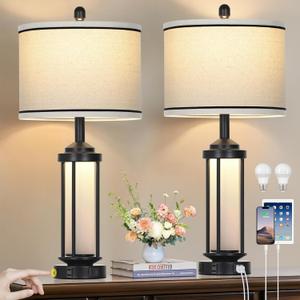 Table Lamps for Living Room Set of 2, Black Farmhouse Rustic Industrial Table Lamp with USB A+C Charging Ports & AC Outlet, 27" Modern Table Lamps with LED Night Light & Linen Fabric Lampshade