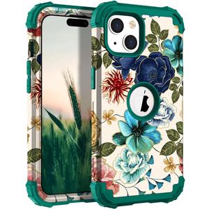 Hocase for iPhone 15 Case, Heavy Duty Shockproof Protection Soft Silicone Rubber Bumper+Hard Plastic Hybrid Protective Case for iPhone 15 (6.1" Display) 2023 - Teal Flowers