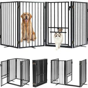 Metal Freestanding Dog Gate with Cat Door for Outdoor Indoor,80" Extra Wide Foldable Pet Fence,30" Tall Dog Gate for Large Opening,Stairs,Hallways,Doorways,Deck,Yard,with 3PCS Support(4 Panels,Black)