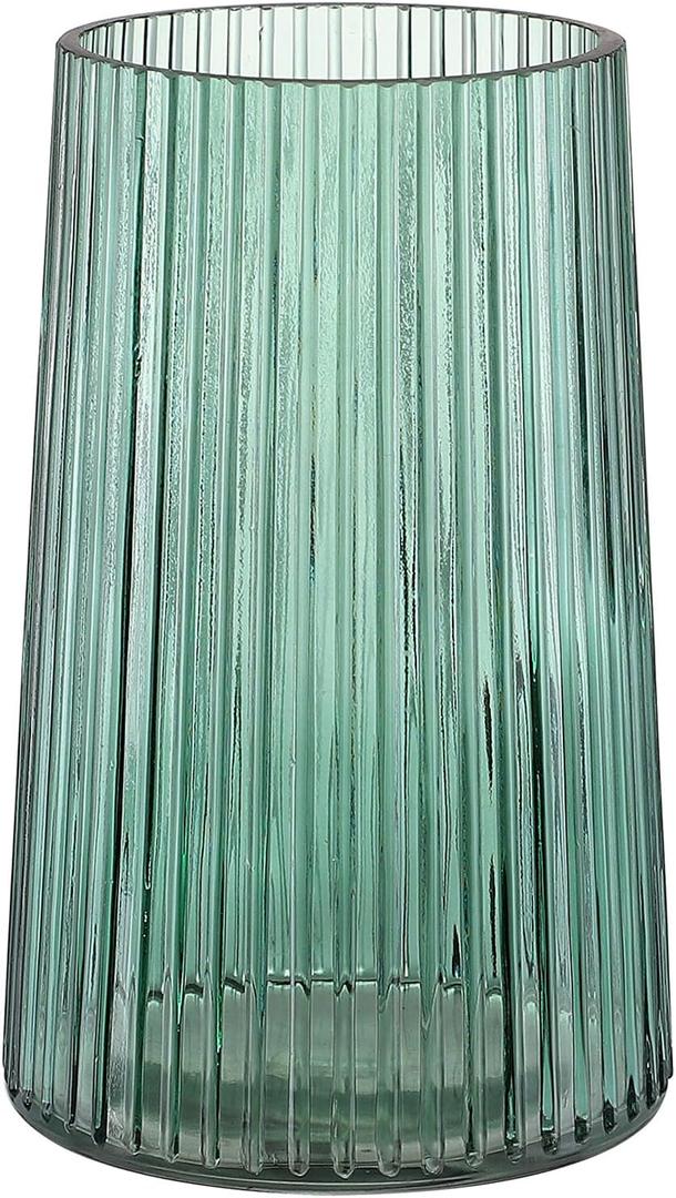 Green Glass Vase for Flower, Flower Vase for Bouquet, Modern Glass Vases, Ribbed Vases for Living Room, Bedroom, Dining Table, Office, Wedding, Centerpieces, 8 Inches