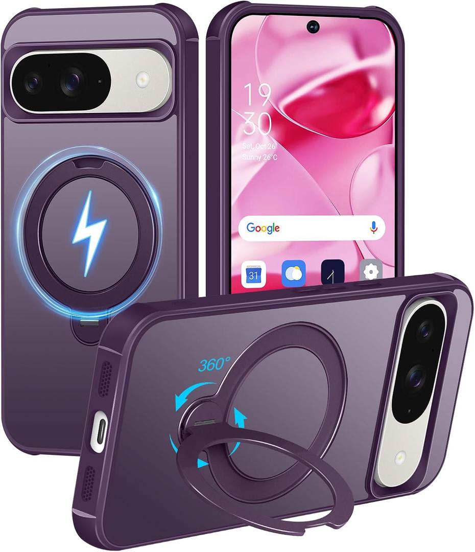 HuwaiH 360 Rotatable Magnetic Ring Stand for Google Pixel 9/9 Pro/10/10 Pro Case, Compatible with MagSafe, Military-Grade Shockproof, Anti-Scratch Matte Translucent Phone Case(Purple)