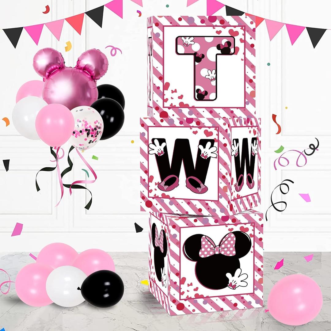 2nd Birthday Party Favors Balloon Boxes Supplies for Baby, Girls 3Pcs Pink Mouse Theme Two Year Old Balloon Boxes, 'TWO' Letters Balloon Arch Kit for Party Decorations