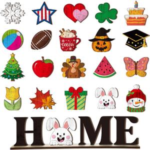 Interchangeable Seasonal Decor Winter Valentine's Day Spring St. Patrick's Day Home Tabletop Sign with 20 Pcs Icons Wooden Home Sign for All Seasons Windowsill Shelf Mantel Decorations