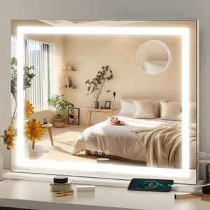 FENNIO 23" x 18" Vanity Mirror with Lights，LED Makeup Mirror，Hollywood Mirror with 3 Color Modes & Adjustable Brightness，Vanity Mirror Square White