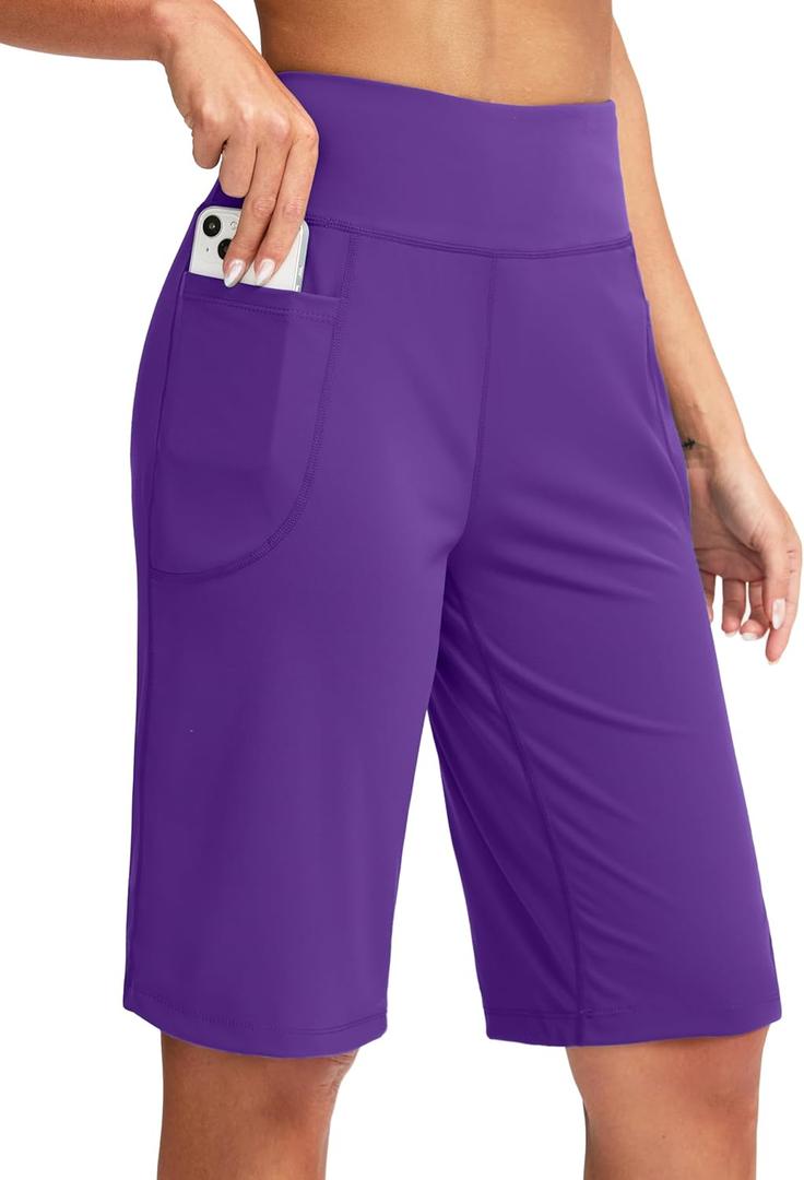 SANTINY Women's 12" Bermuda Shorts Knee Length with Pockets High Waisted Long Shorts for Women Stretch Casual Walking (Purple, S)