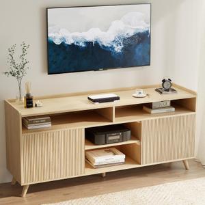 55'' TV Stand for 65 Inch, Fluted Modern TV Stands for Living Room with Sliding Doors and Adjustable Shelf, Entertainment Center with Storage Media TV Console Table for Bedroom (Natural Oak)