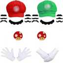 Super Bros Hats Costumes Accessories Set, Red and Green Caps Mustaches Gloves Mushroom Beard Badges Party Set Halloween Cosplay Costume for Men Women