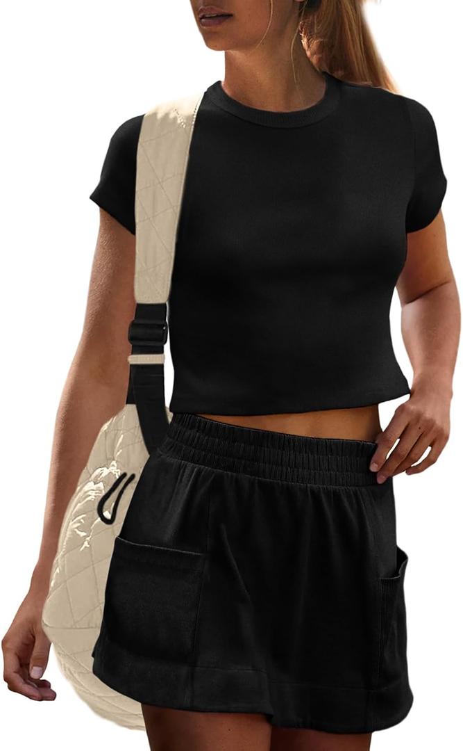 UNIANKIYA Summer Two Piece Skirt Set for Women Running Matching Workout Set Athletic Skort Sets Women 2 Piece Outfits 2026 (Black, L)