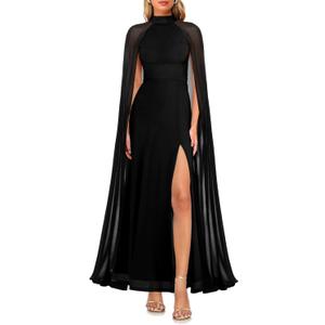 Lrady Women's Summer Wedding Guest Dress Halter Neck Sexy Split Cocktail Party Maxi Long Formal Dresses with Cape (3# Black)