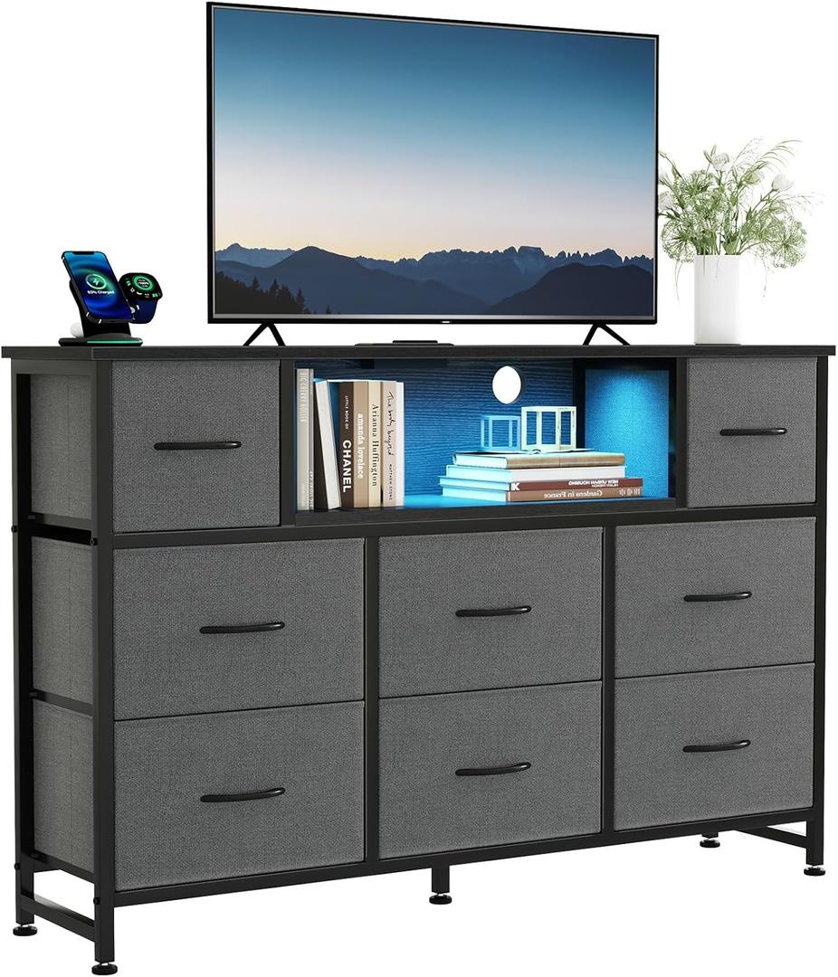 DUMOS TV Stand Dresser with 8 Fabric Drawers and Open Shelves, LED Entertainment Center with Charging Station, Wood Top Media Console for 45-55 inch, Bedroom, Grey