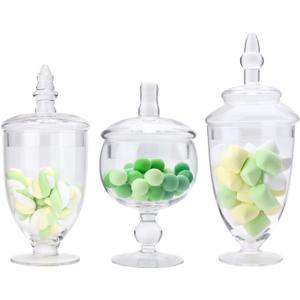 Set of 3 Apothecary Jar Glass, Glass Apothecary Jars with Lids, Clear Candy Jars for Candy Buffet, Decorative Jar for Display, Party and Wedding, Elegant Candy Canisters Set (Height: 10.5",8.4",8.4")