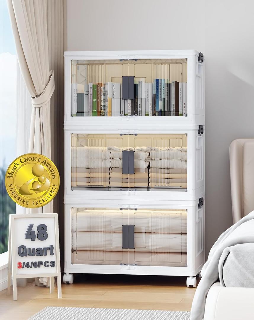 OlarHike 144QT Lockable Storage Bins with Lids - Folding Storage Cabinet with Doors and Wheels, Collapsible Plastic Box for Closets, Office, Stackable Organizer and Containers, Gifts, 3 Pack Cubes (48QT-White)