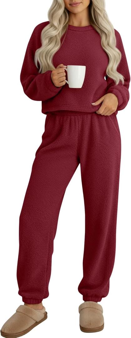 2 Piece Women's Fuzzy Pajamas Sets Long Sleeve Crop Top Fleece Pullover Casual Fluffy Pants Loungewear Sleepwear (Medium, Wine Red)