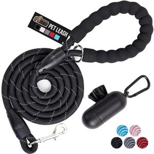 GORILLA GRIP Dog Leash, Heavy Duty Reflective Rope Leashes for Large, Medium, Small Breed Dogs, Puppy Training Essential for Walks, Hikes, Soft Handle, Rotating Metal Clip, Waste Bag Dispenser, Black (6 Feet x 1/2 Inch)