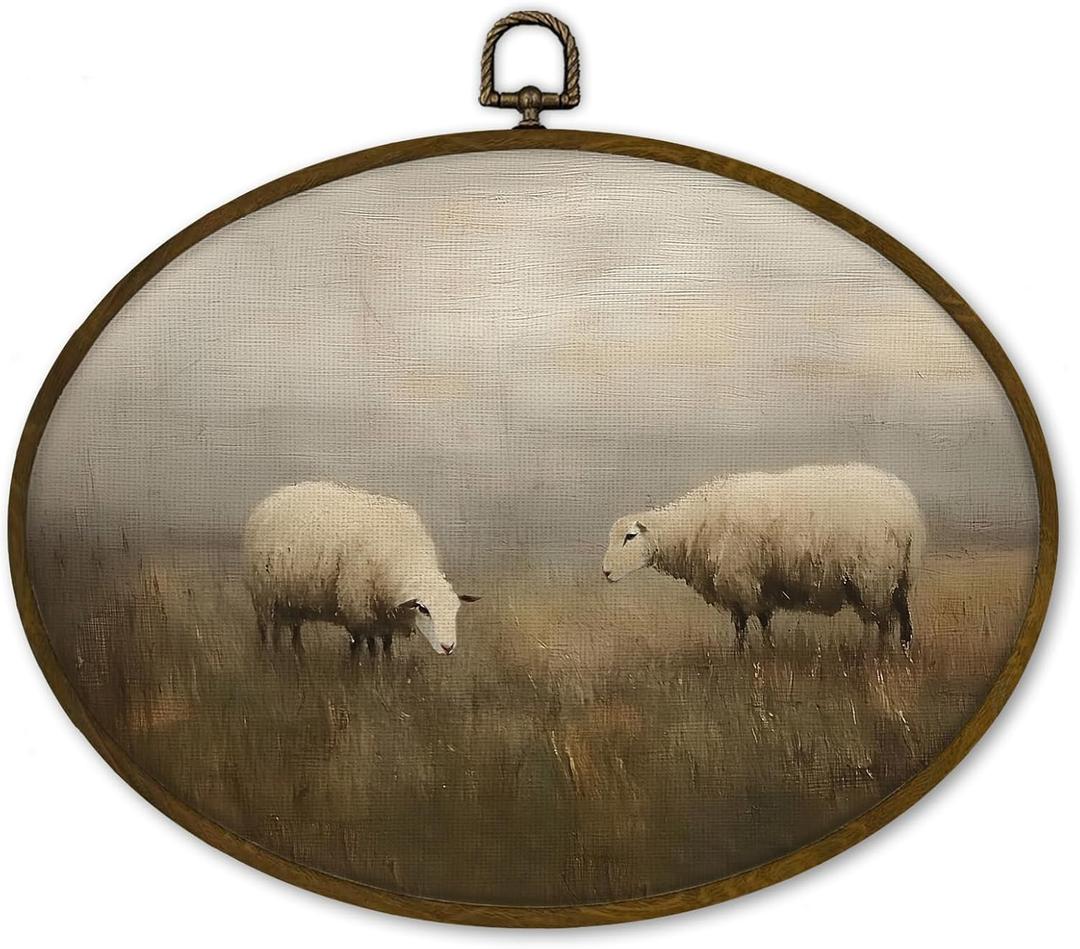 nvucamd Vintage Sheep Oval Wall Art Decor Framed, Easter Lamb Landscape Canvas Prints Wall Art, Rustic Farmhouse Sheep Hanging Decor for Nursery Bathroom Living Room, 11.3x8.7 Inch