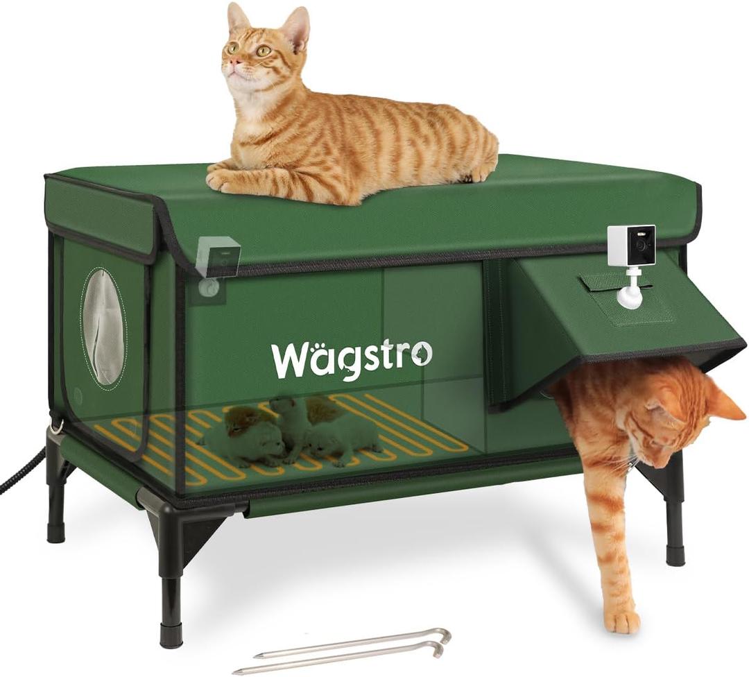 Heated Cat House for Outside with Smart Pet Camera, Highly Elevated with Escape Door, Insulated Waterproof Outdoor Cat House Shelter for Feral Stray Barn Cat (Army Green, 25.6"x16.5"x18.5")