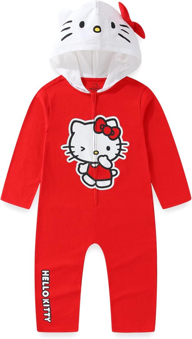Hello Kitty Sanrio Girls Cosplay Hooded Coverall with Ears and Bow for Toddler and Big Kids, 3T (Red)
