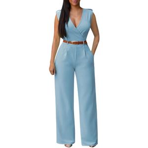 Pink Queen Jumpsuits for Women Dressy V Neck Sleeveless Wide Leg Long Pant Rompers Business Casual Outfits (Medium,Light Blue)