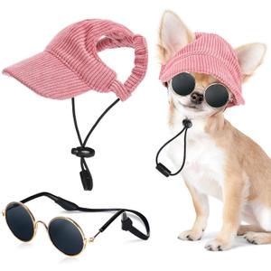 Jadive Small Dog Sun Hat with Ear Holes, Dog Cat Sunglasses with Anti-Slip Silicone Rope Baseball Cap Adjustable Puppy Sunbonnet Headdress Beach Visor Hat for Puppies Summer Outdoor (Pink, S)