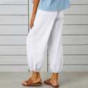 Cotton Casual Capri for Women Elastic High Waisted Loose Lantern Tapered Harem Pants with Pockets (White, M)