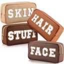 Remerry 4 PCS Nylon Cosmetic Bags Waterproof Spacious Travel Makeup Organizer for Women Chenille Letter Preppy Zipper Pouch Face Stuff Skin Hair Organizer Gift(Brown Series)