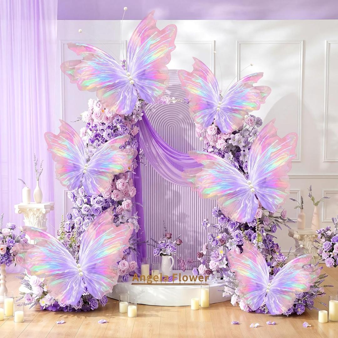 Geelin 6 Pcs Large Iridescent Purple Butterfly Decorations Mariposas Grandes para Decoration Big Butterfly Party Decor 20 Inch 12 Inch 3D Silk Butterflies for Women Birthday Party Wedding Decor