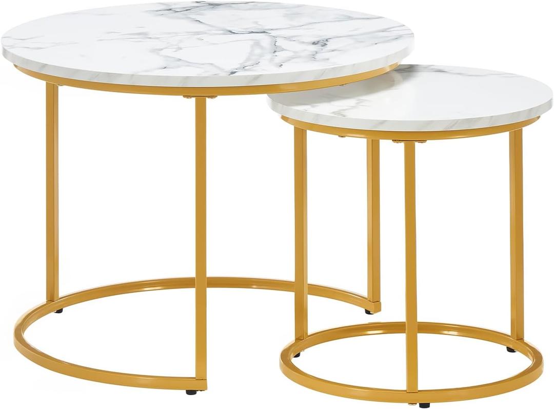 Round Nesting Coffee Table Set of 2, Modern Marble Pattern Wooden Nesting Tables, Stacking Minimalist End Table for Living Room Bedroom Small Space, White & Gold
