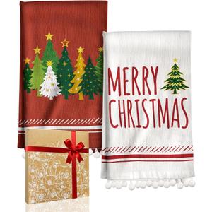 Christmas Kitchen Towels with Tassels - Cotton Christmas Kitchen Towels 16x26 Inch Terry Cloth Decorative Xmas Theme Dish Towel for Holiday Cute Designs with Xmas Tree for Gifting