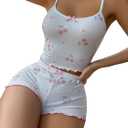 Women's 2 Piece Pajama Set Cherry Spaghetti Strap Bow Cami Tops and Shorts Set Cute Soft Sleepwear (White, XL)