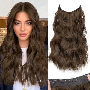 KooKaStyle Invisible Wire Hair Extensions with Transparent Wire Headband Adjustable Size 4 Secure Clips Long Wavy Hairpiece 16 Inch Medium Brown/4# for Women